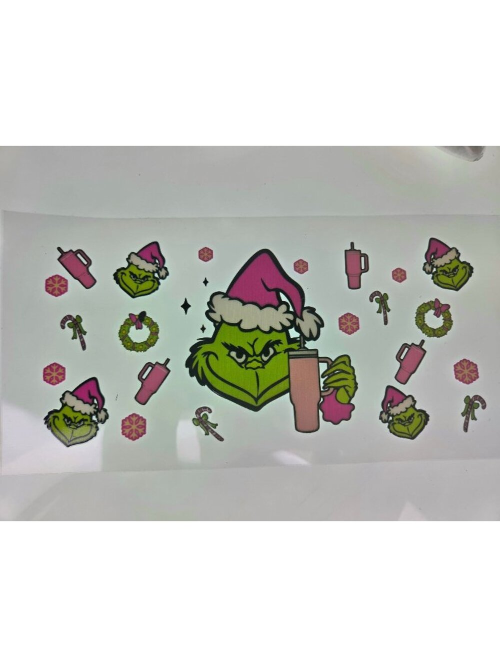 Grinch with Thermal Cup Pink Green 16oz Glass DIY Craft Christmas Holiday Wrap